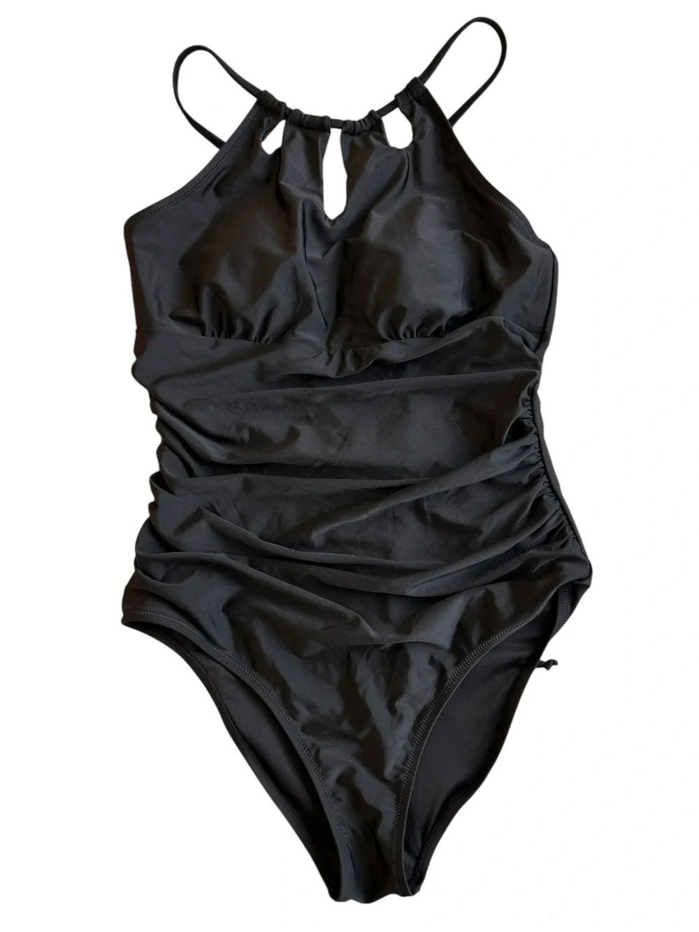 Black Halter-Keyhole Minimalist One-Piece Swimsuit - Crisscross Back Straps - L